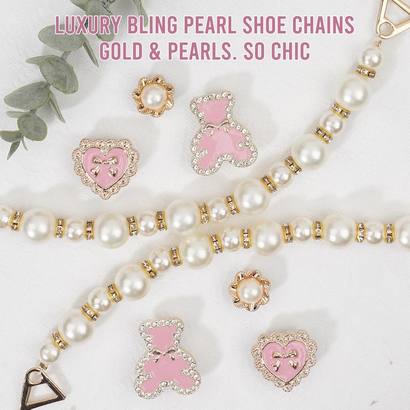 Lugailly Bling Shoe Charms for Girls and Women, Girly Gold Shoe Charms for Clog Sandals, 24 PCS Glitter Pearl Flower Shoes Decoration Bulk, Shoes Chains Pins Charm Accessories - Image 3